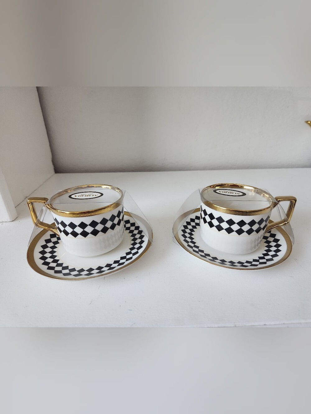 Black & White Check Harlequin Porcelain Teacup and Saucer Set With Gold Trim